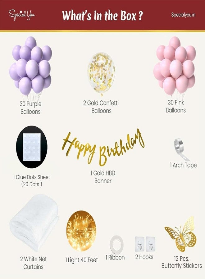 SpecialYou.in Special You Happy Birthday Decoration kit for girls, Butterfly Theme Birthday Backdrop for Decoration, Pink, Purple Balloons & Decorative Light, Princess Theme birthday decoration Items for Baby Girl - Image 3